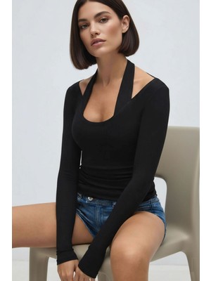 Şiir Zahle Kadın Slim Fit Yumuşak Dokulu Havuz Yaka Bağlamalı Uzun Kollu Top & Bluz - Siyah