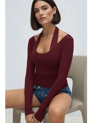 Şiir Zahle Kadın Slim Fit Yumuşak Dokulu Havuz Yaka Bağlamalı Uzun Kollu Top & Bluz - Siyah