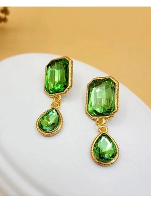 Nevoka Su Yeşili Kedi Gözü Çift Taşlı Sıvama Altın Kaplama Küpe