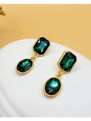 Nevoka Zümrüt Kedi Gözü Çift Taşlı Sıvama Altın Kaplama Küpe