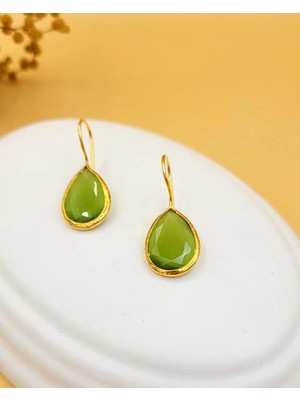 Nevoka Yağ Yeşili Kedi Gözü Sıvama Altın Kaplama Damla Küpe