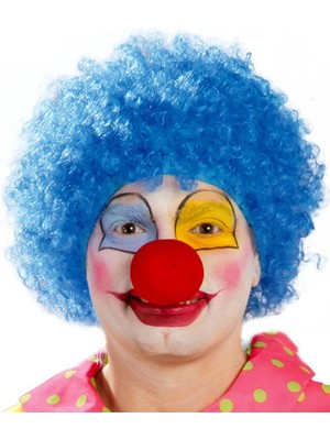 Eco Port Mavi Renk Kıvırcık Afro Bonus Peruk Takma Saç ve Kırmızı Burun Seti