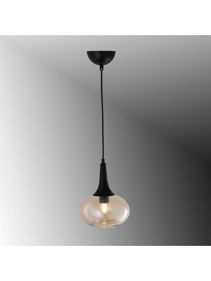 TT602-1-SY-BAL Tt Aydınlatma Mat Siyah - Bal Tekli Uzun Hunili Tombul Camlı Avize