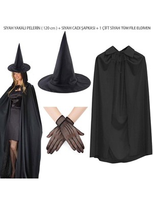 EkoAlışverişDünyam 120 cm Siyah Yakalı Cadı Pelerini Cadı Şapkası ve 1 Çift Siyah Kısa File Tüm Eldiven Seti 3 Parça