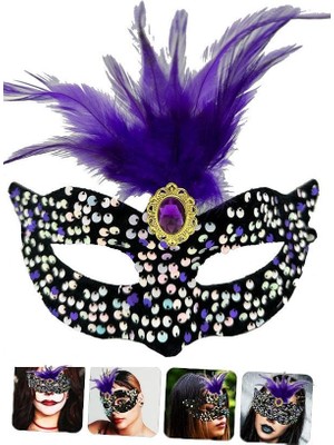 EkoAlışverişDünyam Siyah Kadife Payetli Pullu Mor Tüylü Parti Maskesi