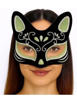 Eco Port Siyah Renk Süet Kaplama Üzeri Gümüş Yeşil Simli Kedi Maskesi 17X14 cm