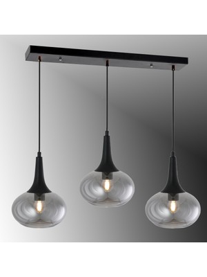 TT602-3S-SY-FÜME Tt Aydınlatma Mat Siyah - Füme 3 Lü Hunili Tombul Camlı Sıralı Avize