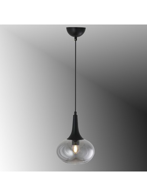 TT602-1-SY-FÜME Tt Aydınlatma Mat Siyah - Füme Tekli Uzun Hunili Tombul Camlı Avize