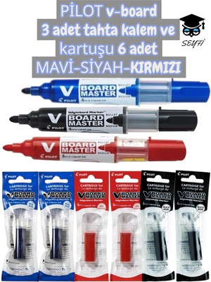 Pilot V-Board 3 Adet Tahta Kalem ve Kartuşu 6 Adet Mavi-Siyah-Kırmızı