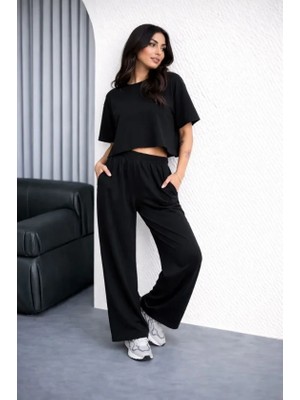 Gökyüzü Moda Osy Modal Yumuşak Dokulu Şalaş Oversize Ikili Takım Bol Paça Pantolonlu Rahat Günlük Takım - Siyah
