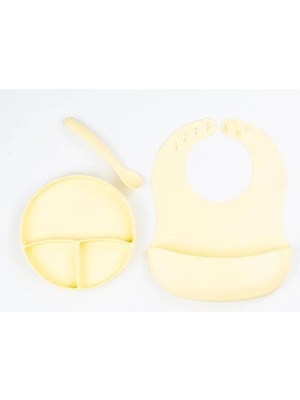 İsmiyle Al Sarı 3’lü Silikon Yemek Seti – Önlük + Diş Kaşıyıcılı Kaşık + Vakumlu Tabak