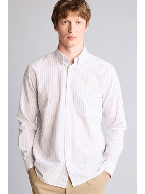 DeFacto %100 Pamuk Polo Yaka Çizgili Uzun Kollu Gömlek H3617AX26SP