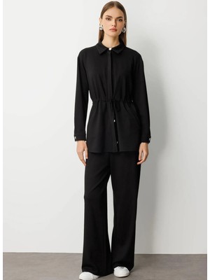 Mizalle Gömlek Yaka Siyah Kadın Tunik M1MZ1030210173