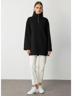 Mizalle Fermuarlı Yaka Düz Siyah Kadın Tunik M1MZ1030210172