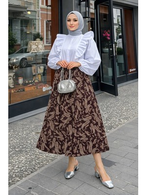 Comstar Kadın Desenli Trend Kahve Uzun Tül Tesettür Etek