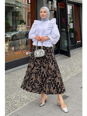 Comstar Kadın Desenli Trend Siyah Uzun Tül Tesettür Etek