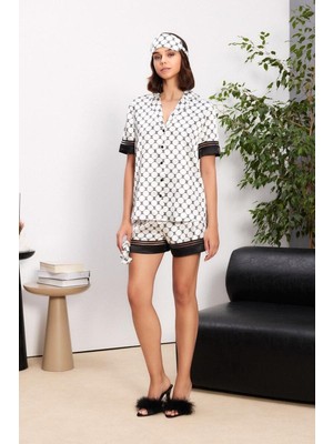 Pierre Cardin 1305 Kadın Saten Biyeli Kısa Kol Pijama Takımı Göz Bandı ve Toka Hediyeli