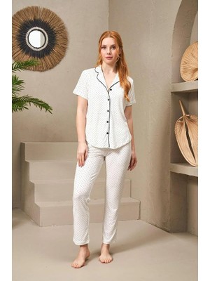Pjs 25118 Kadın Puanlı Düğmeli Kısa Kollu Pijama Takım