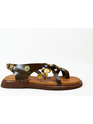 Beety 112.305 Hakiki Deri Kahverengi Boncuklu Kadın Bodrum Sandalet