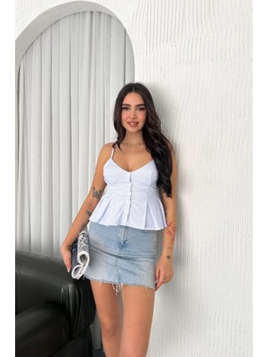 Hiccup Kadın JANES Çizgili V Yakalı, Düğmeli, Vücuda Oturan Kısa Bluz Toz Mavi