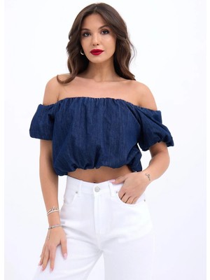 Hiccup Kadın JANES Askısız Kot Kumaştan Kısa Üst, Elastik Detaylı Maya Mavisi