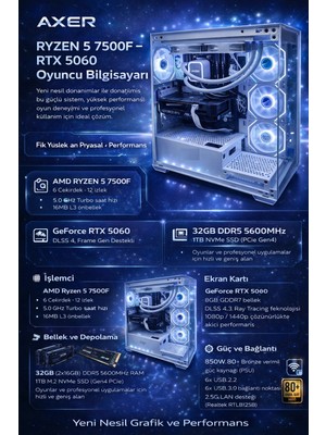 Axer Gamıng White Ryzen 5 7500F 32GB Ddr5 1tb SSD RTX5060 Oyun Bilgisayarı