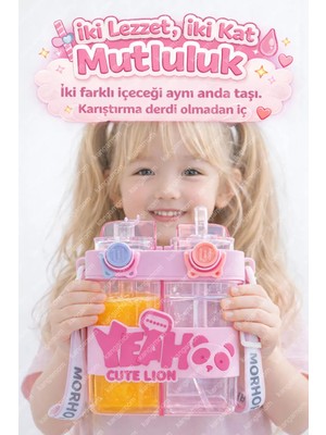 M&B Water Bottle Yeah 800 ml Çift Bölmeli Suluk Pembe Renkli Plastik Matara Okul Çocuk İçin BPA İçermez