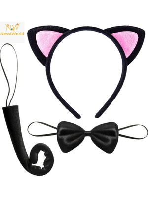 NW NessiWorld Kedi Kulak Taç Kuyruk ve Papyon 3 Lü Set Çocuk Boy Pembe Renk