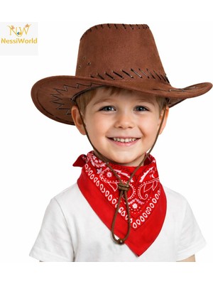 NW NessiWorld Çocuk Kovboy Şapka Kahverengi &amp; Kırmızı Bandana Seti