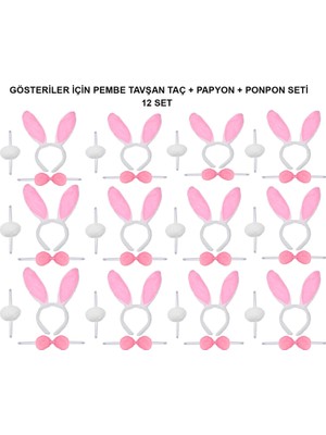 İsmiyle Al Pembe Tavşan Kostüm Seti – Taç, Papyon, Ponpon (12’li Paket)