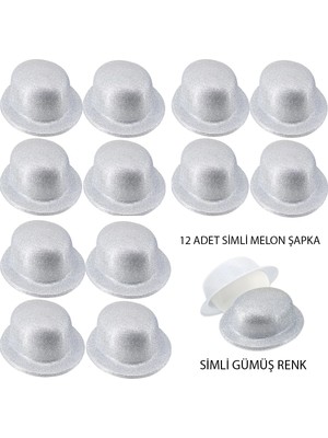 İsmiyle Al Gümüş Renk Simli Melon Yuvarlak Parti Şapkası 12 Adet