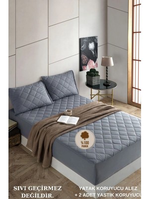 Formeya Set Pamukkale Alez Gri %100 Pamuk Kapitone Yatak Koruyucu-2 Adet Yastık Koruyucu Alez(11 Ebat) 80x180 cm