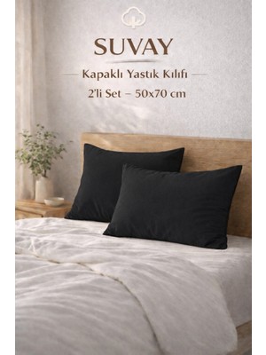 Suvay 2'li Yastık Kılıfı Siyah Pamuklu Kapaklı 50X70 cm