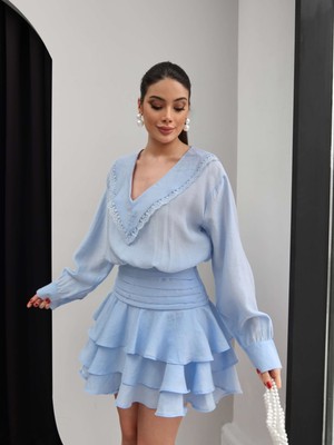 Esra Helvacı Dantel Şerit Fırfırlı Mini Şortlu Elbise