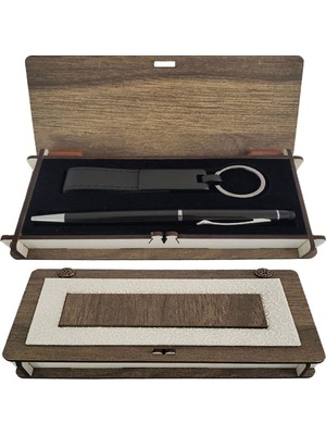 Nuvigo Ahşap Kutulu Siyah Kalem ve Anahtarlık Set