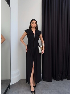 Esra Helvacı Ön Fermuarlı Drapeli Uzun Elbise