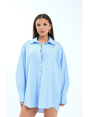 Hiccup Kadın Janes Cepli Oversized Çizgili Poplin Gömlek Mavi