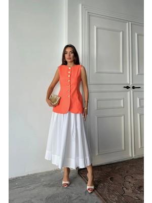 Hiccup Kadın Janes Fitted Kolsuz Bisiklet Yaka Jakarlı Yelek Parlak Turuncu