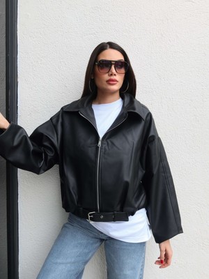 Esra Helvacı Balon Kol Kemer Detaylı Deri Ceket