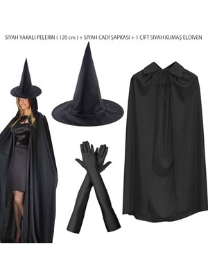 NW NessiWorld 120 cm Siyah Yakalı Cadı Pelerini Cadı Şapkası ve 1 Çift Siyah Kumaş Eldiven Seti 3 Parça