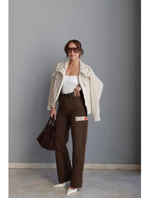 Purple By Banu Kahverengi Yazı Detaylı Straight Jean