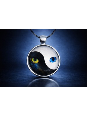 Cam Kaplama Siyah Çelik Zincir Kedi Gözü Tasarımlı Yin Yang Kolye