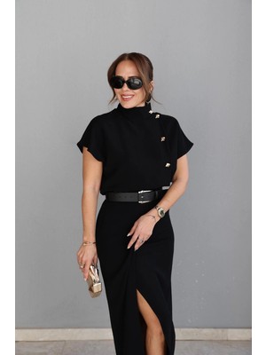 Purple By Banu Siyah Dik Yaka Kemerli Midi Elbise