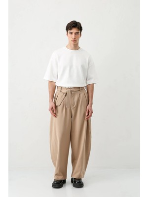 Vamos Barrel Fit Tailored Fit Kemerli Pantolon Bej