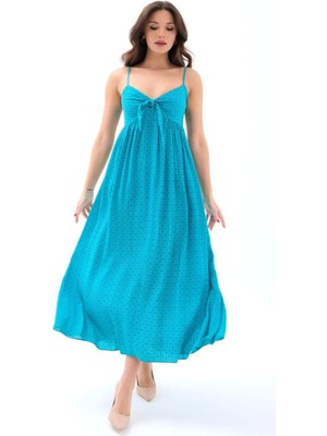 Hiccup Kadınlar JANES Bağlama Detaylı Desenli Midi Elbise Mavi