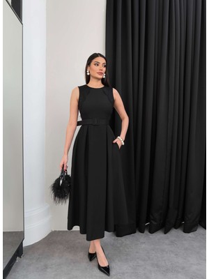 Esra Helvacı Dantel Detaylı Kemerli Midi Elbise