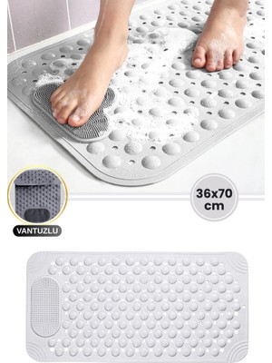 Flora Vantuzlu Banyo ve Küvet Matı, Kaydırmaz Duş Paspası Gözenekli Ayak Masaj Halısı (70X36CM) Beyaz