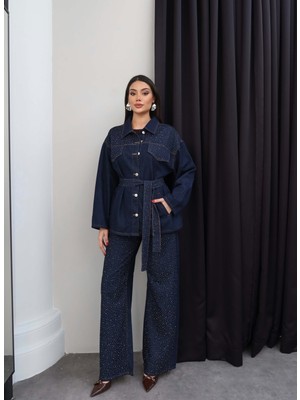 Esra Helvacı Taşlı Yan Cepli Kuşaklı Denim Takım