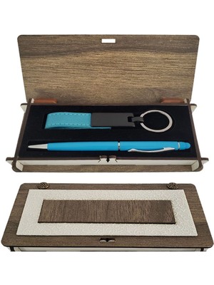 Nuvigo Mavi Kalem ve Anahtarlık Ahşap Kutulu Set