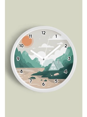 JHAAR Soyut - Bohem - Doğa - Deniz Manzaralı Modern Duvar Saati - 25CM - Önü Camlı Beyaz Kasa